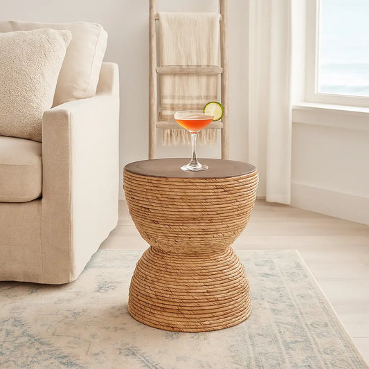 Wood Woven Banana Leaf Round End Table